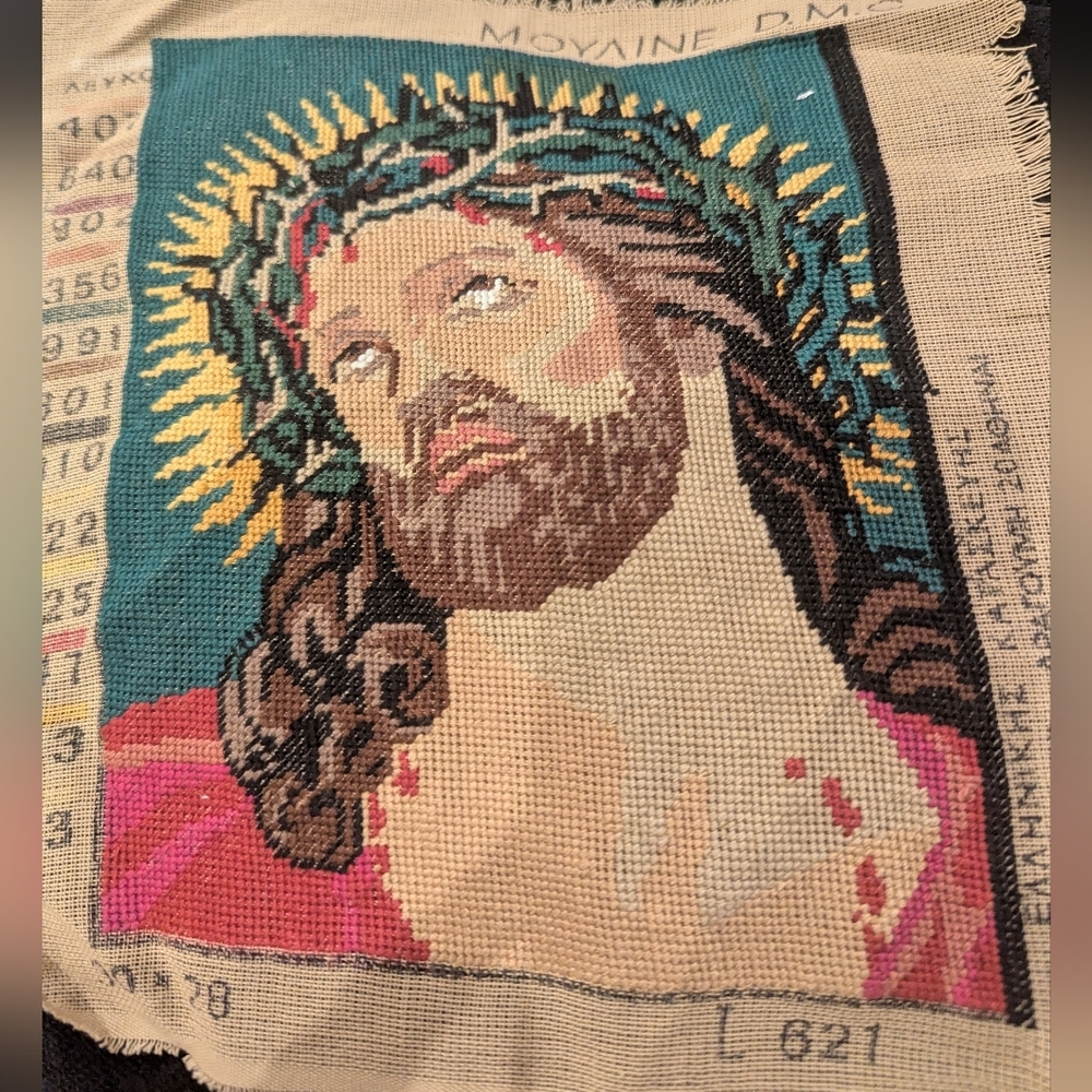 Vintage needlepoint Suffering of Christ Tapestry Early 1900s DMC France